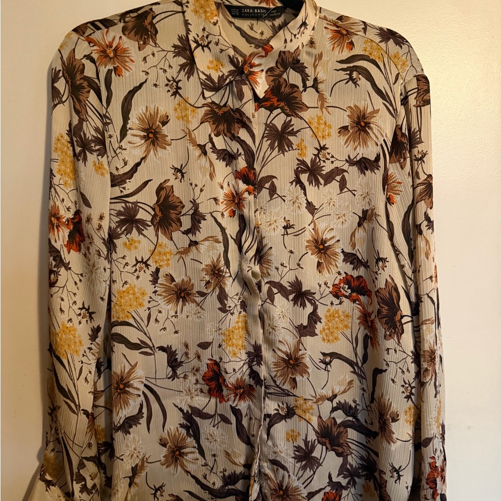 Zara Floral Button-Up Blouse in Cream, Brown and Mustard